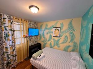 紐約的住宿－Lemon private room with shared bathroom，卧室配有一张床,墙上配有电视。