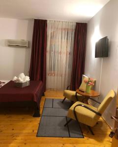 a living room with a bed and a chair at Vila Rianna in Dunavăţu de Jos +20 photos