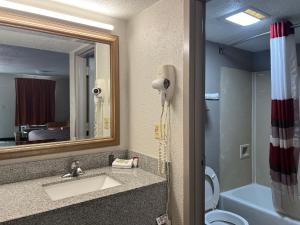 y baño con lavabo, espejo y ducha. en American Inn Columbia en Columbia