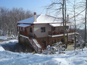 a large house with snow on the ground at Petropanagia in Elatochori