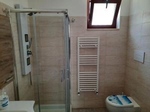 a bathroom with a shower and a toilet and a window at Appartamenti Miramare in Marina di Camerota