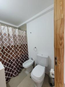 La salle de bains est pourvue de toilettes et d'un rideau de douche. dans l'établissement Gente del Sur - Marinas Towers, à Ushuaia