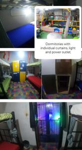 un collage de cuatro fotos de una habitación con una sala de juegos en Hostal Gastro Bar Casa Colibrí, en Bogotá