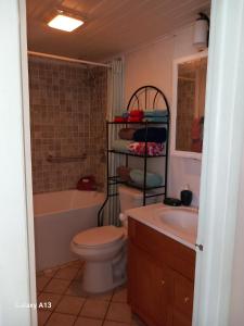 La salle de bains est pourvue de toilettes, d'un lavabo et d'une douche. dans l'établissement Sealofts On The Beach, à Frigate Bay