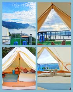 a collage of four pictures of a bell tent at ภูลังกาซีวิว in Ban Sakoen