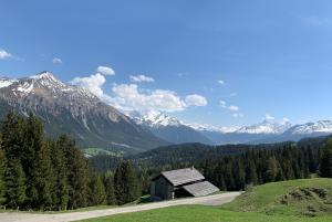 Kalnų panorama iš kalnų namelio arba bendras kalnų vaizdas