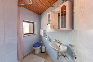 een blauwe badkamer met een wastafel en een toilet bij UNDER THE ROCK Osp in Osp