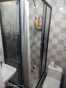 a bathroom with a shower with a toilet and a sink at Tsogoo Guesthouse Shared rooms in Ulaanbaatar +30 photos