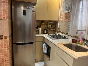 La cuisine est équipée d'un réfrigérateur en acier inoxydable et d'un évier. dans l'établissement Lovely gorgeous apartment among green Maadi, au Caire