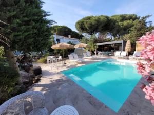 阿格德角Villa Rasoa的配有椅子和遮阳伞的大型游泳池