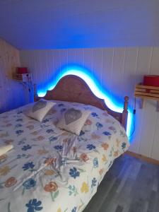 Schlafzimmer mit einem Bett mit blauem Licht in der Unterkunft Gîte de charme avec jacuzzi étang babyfoot et rivière 
