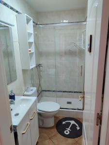 Un baño con ducha, inodoro y lavabo. en Apartamento La Amatista, en La Isleta del Moro
