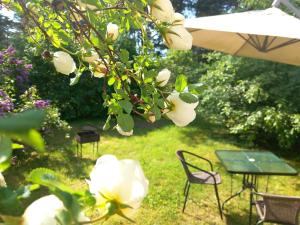 un jardín con mesa, sillas y flores en Pie dzintara jūras en Apšuciems