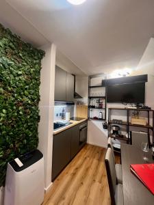 a kitchen with a green wall in a room at Sport & Sunny Cosy Alpine Retreat in Kranjska Gora