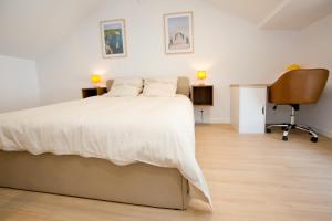 a bedroom with a bed and a desk and a chair at Montsejour - T2 climatisé avec filet et fauteuil suspendu in Tarbes