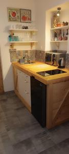 a kitchen with a wooden counter top with a sink at Apartmán Na pětce in Znojmo