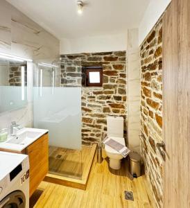a bathroom with a stone wall and a toilet and a sink at Lithos Apartments in Evdilos +40 photos