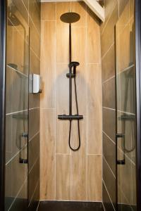 a shower in a bathroom with a glass door at Montsejour - Magnifique T2 avec filet suspendu in Tarbes