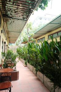 un patio esterno con tavoli, sedie e piante di Cozy Duplex Apartment near Bui Vien, Ben Thanh Market ad Ho Chi Minh