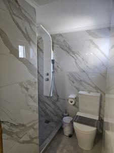 a bathroom with a toilet and a marble wall at K&M Villas in Nea Kallikrateia +55 photos