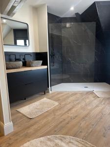 a bathroom with a shower and a sink at Gîte La Villa Marcelle in Mareuil-le-Port +26 photos