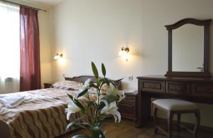 a bedroom with a bed and a desk and a mirror at Mountain Romance Family Hotel & Free SPA in Bansko