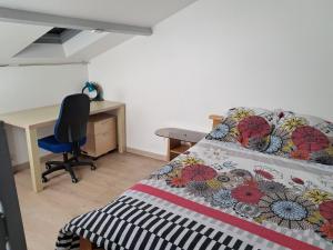 1 dormitorio con escritorio y 1 cama con manta en Charmante Maison à 15 minutes de la place Comédie en Montpellier