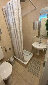 a bathroom with a shower and a toilet and a sink at Duna Park Apartman in Leányfalu +15 photos