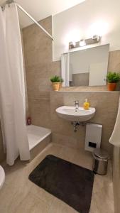 y baño con lavabo, espejo y ducha. en Renoviertes Apartment inkl TG Stellplatz in Düsseldorf en Düsseldorf