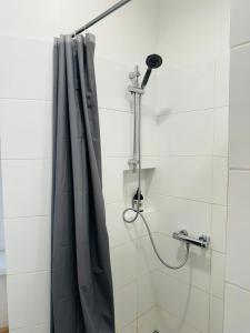 a shower with a shower curtain in a bathroom at Lilia House in Poznań