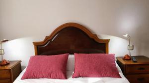 een bed met twee rode kussens en twee nachtkastjes bij Apartamento Vacacional La Rula in Llanes