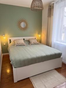 a bedroom with a large bed with a mirror on the wall at Appartement T2 plein centre in Dijon