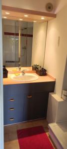 une salle de bain avec un lavabo et un grand miroir dans l'établissement Joli studio avec piscine à 200m de la plage parking privé, à La Grande Motte