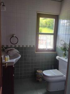 La salle de bains est pourvue de toilettes, d'un lavabo et d'une fenêtre. dans l'établissement Casa Rural Juaco, à Bimenes