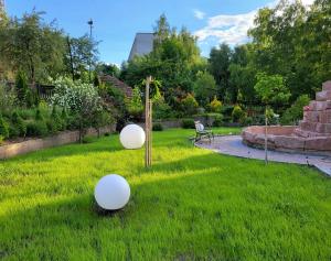 dwie kulki w trawie w ogrodzie w obiekcie Glory w mieście Truskawiec