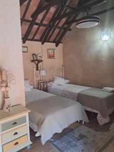 una camera con due letti in una stanza con soffitto di La Casita a Cazalla de la Sierra