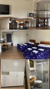 2 fotos de una habitación con cama y cocina en Lone Star Inn en san juan la union
