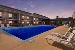 uma piscina num hotel com espreguiçadeiras brancas em Clarion Inn & Suites Russellville I-40 em Russellville