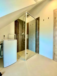 a bathroom with a shower with a glass wall at WATERFRONT - Urbane Eleganz am Bachufer in Villach