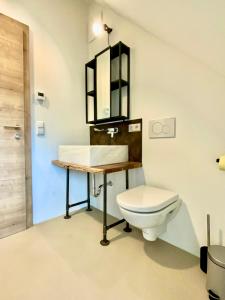 a bathroom with a toilet and a sink at WATERFRONT - Urbane Eleganz am Bachufer in Villach