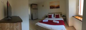 a bedroom with a bed with red pillows and a television at Romantic Villa Centar Omisalj in Omišalj