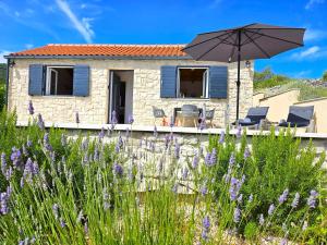 a cottage with an umbrella and a field of flowers at Stone house in vineyard in Račišće