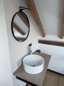 Recreatie Landgoed Terlingerhoeve في نوربيك: حمام مع حوض أبيض ومرآة