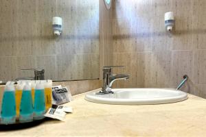 a bathroom counter with a sink and a mirror at Hotel Don Ignacio in San José