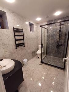 y baño con ducha, lavabo y aseo. en Вилла в г.Кусары, en Qusar