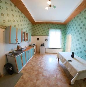 een keuken met een wastafel en een tafel in een kamer bij STONE GARDEN 2 in Liepāja