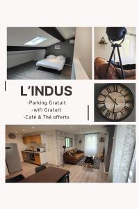 a collage of photos of a living room with a clock at Appartements à thème in Clermont-Ferrand