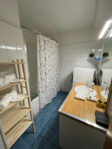 ein Bad mit einem Waschbecken und einer Dusche in der Unterkunft Le Douet Fleury - Gîte de Jardin in Livarot