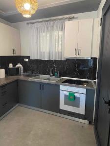 a kitchen with a sink and a stove top oven at Stavros luxury apartment in Skiathos Town