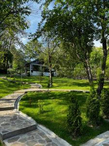 a garden with a stone path and trees at Cervus Magura in Măgura